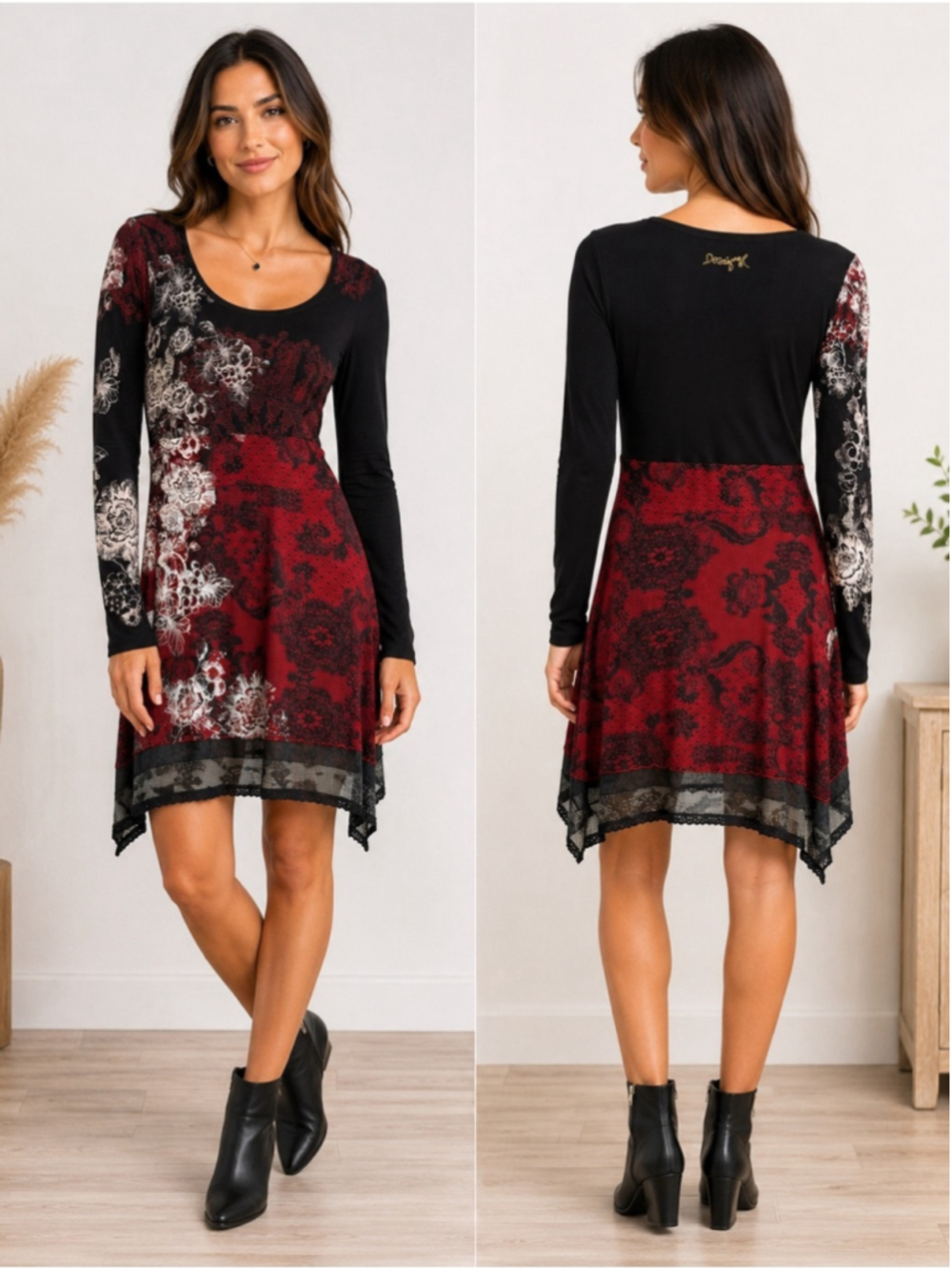 Desigual Long Sleeve Black & Red Floral Dress Size S Y2K Boho Eclectic